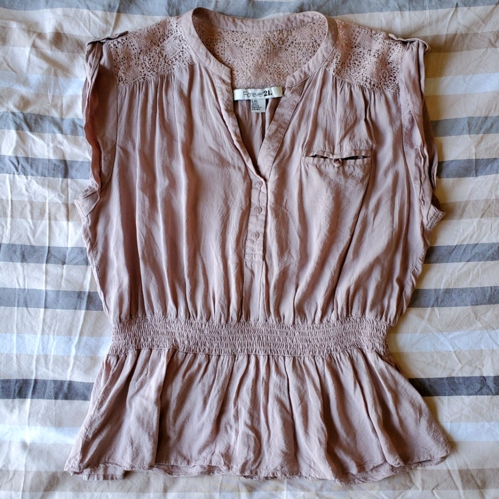 Sleeveless Blush Lace-Yoked Blouse